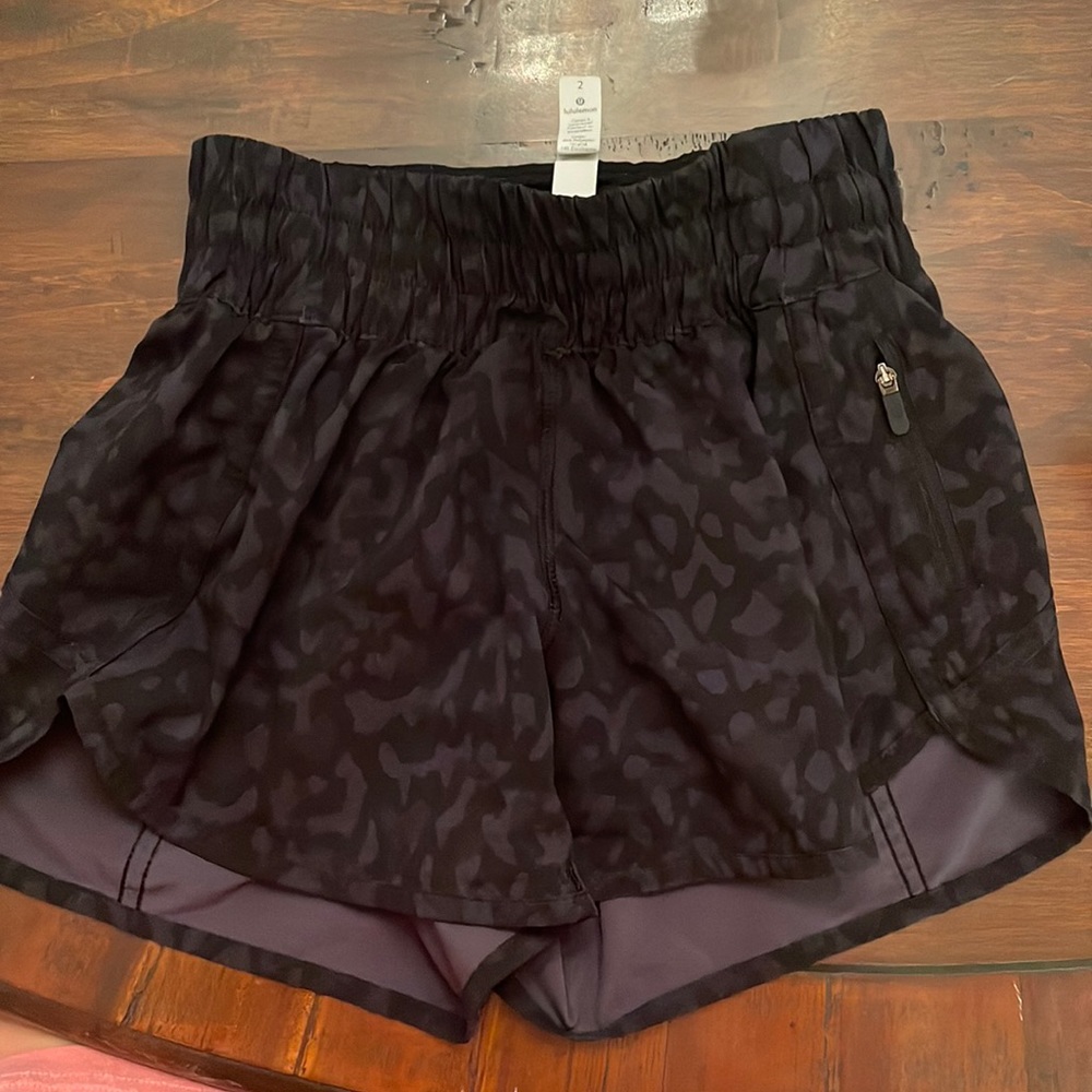 Track That High-Rise Lined Short 3". Black cheetah print. Size 2.